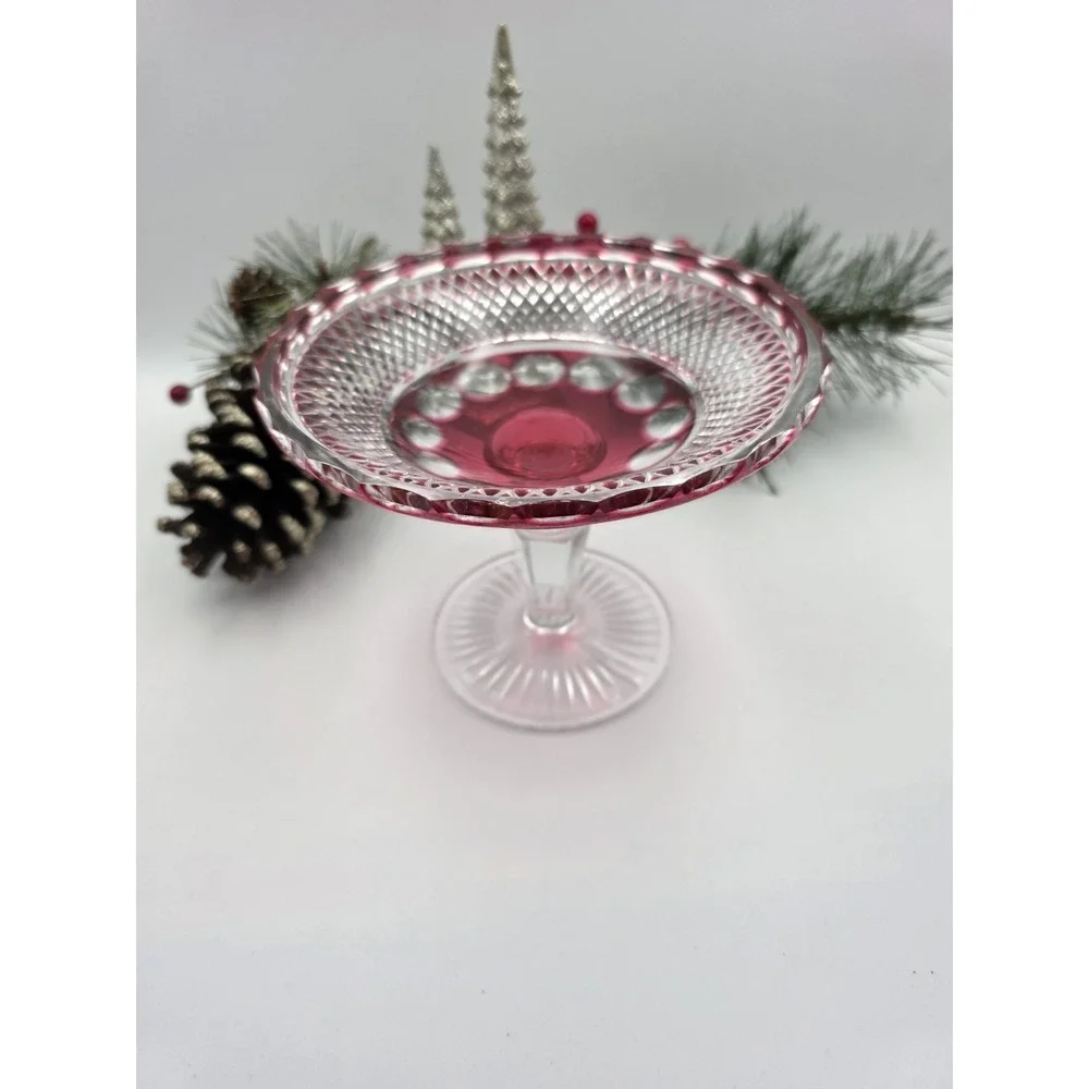 Vintage Cranberry Flash Glass Compote 6